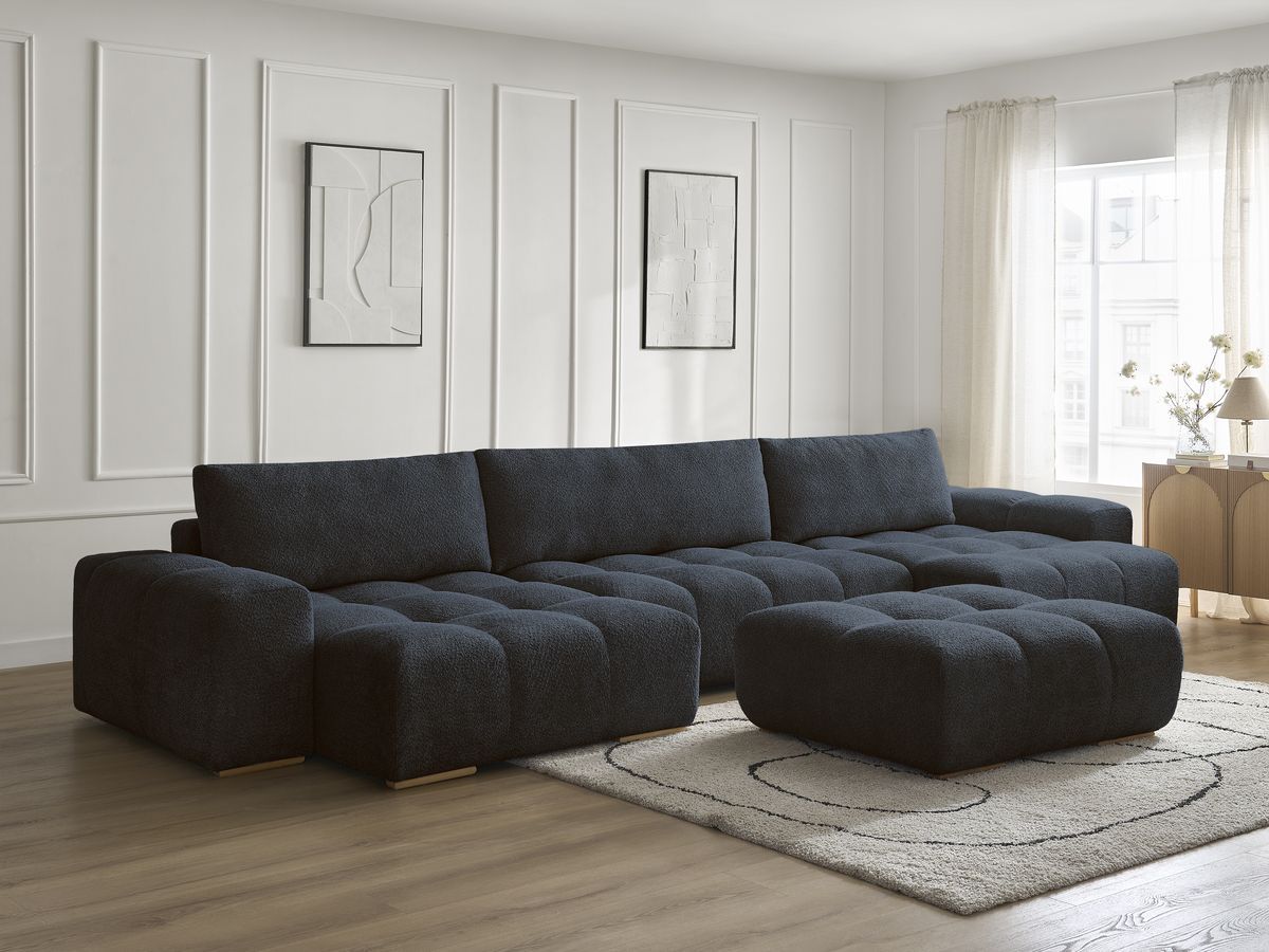 Bobochic Anakin Wohnlandschaft mit Pouf, Liegefläche 137 × 382 cm, 3 Kissen Bouclé-Stoff Dunkelblau