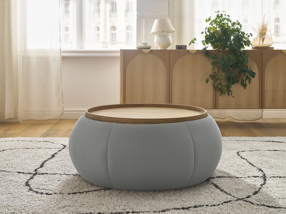 Bobochic Hayden Pouf mit Tablett, rund Mesh-Stoff Hellgrau, 87 cm