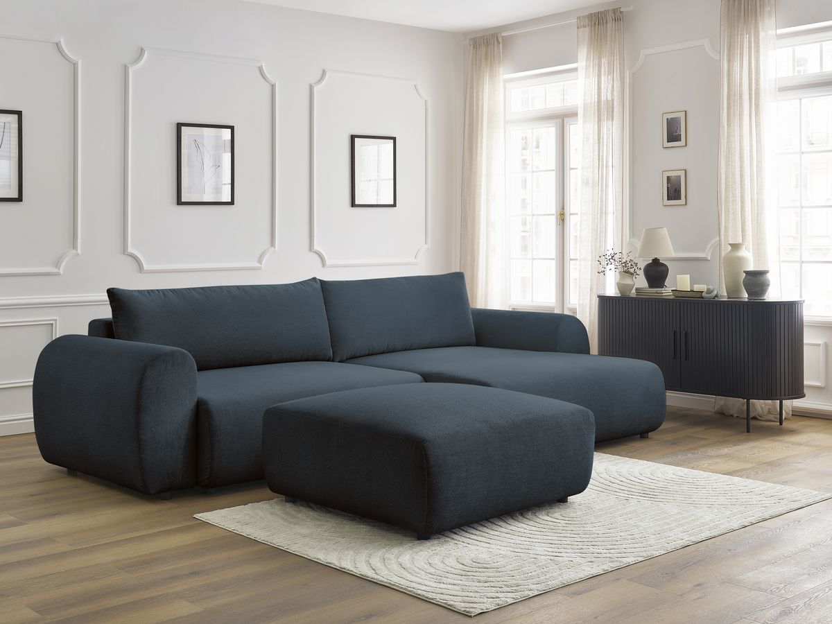 Bobochic Lucien Ecksofa mit Schlaffunktion und Bettkasten und Pouf 314 × 167 cm Stoff Dunkelblau Ecke rechts
