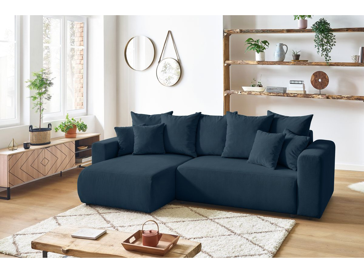 Bobochic Envy Ecksofa mit Schlaffunktion und Bettkasten und Pouf Cordsamt Dunkelblau
