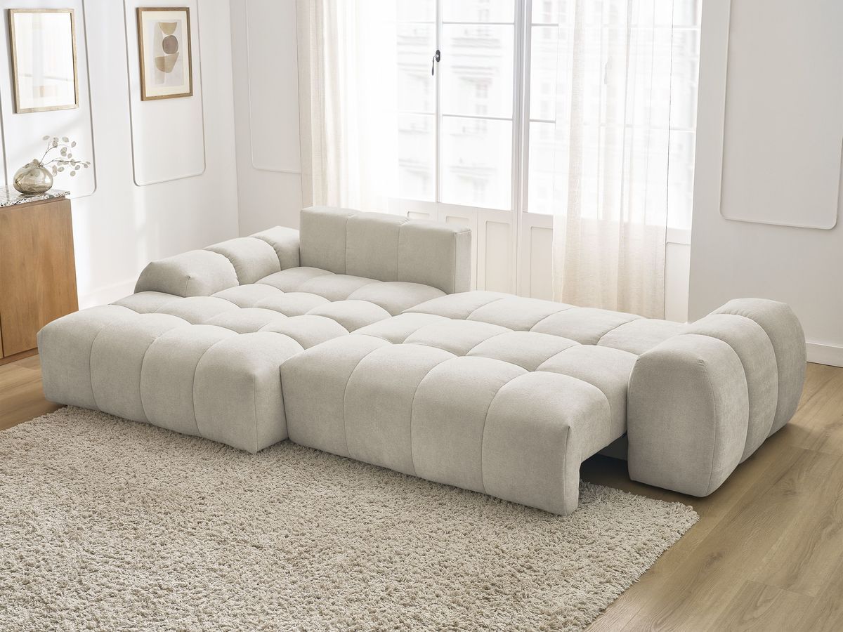 Bobochic Everest Ecksofa mit Schlaffunktion und Bettkasten 318 × 180 cm, 7 Kissen Strukturstoff Beige Ecke links