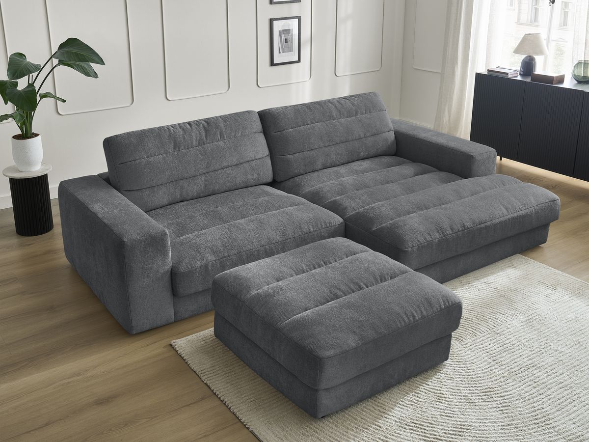 Bobochic Sierra Ecksofa mit Pouf Strukturstoff Dunkelgrau Ecke rechts