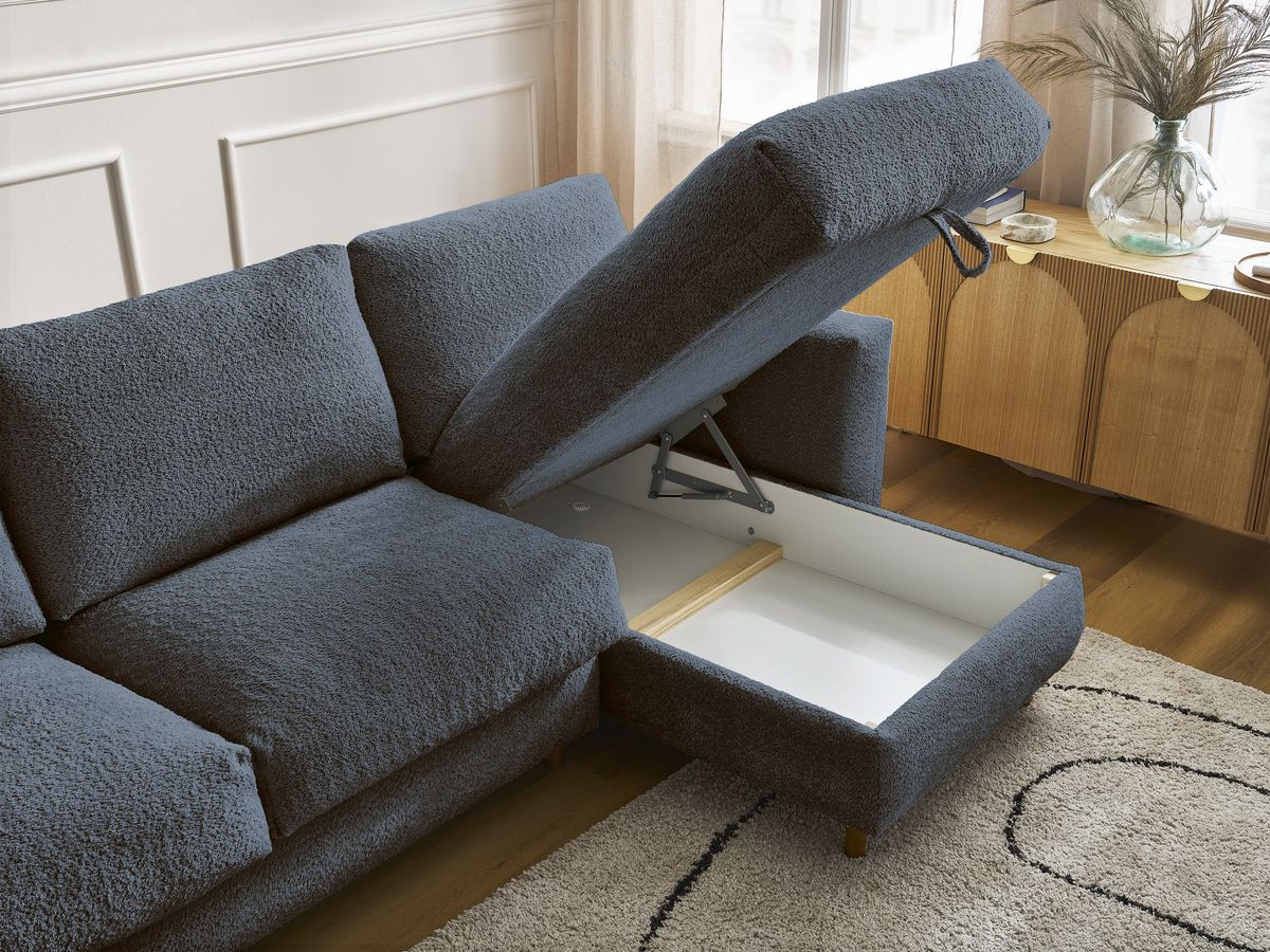 Bobochic Cocoone Ecksofa mit Schlaffunktion und Bettkasten Bouclé-Stoff Dunkelblau, Liegefläche 140 × 200 cm