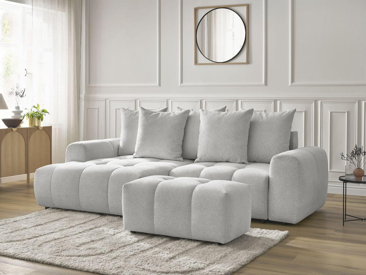 Bobochic Roxelane Ecksofa mit Schlaffunktion und Bettkasten und Pouf 258 × 150 cm Melange-Stoff Hellgrau Ecke links