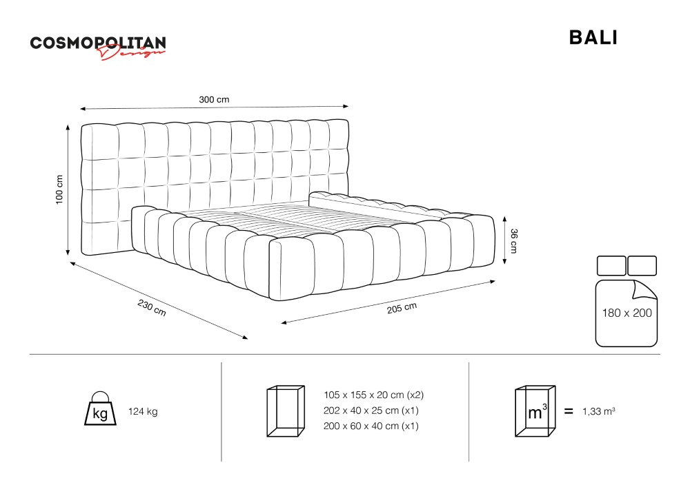 Cosmopolitan Design Stauraumbett mit doppeltem Kopfteil Bali 180x200 Samt Bluvel Hellgrau