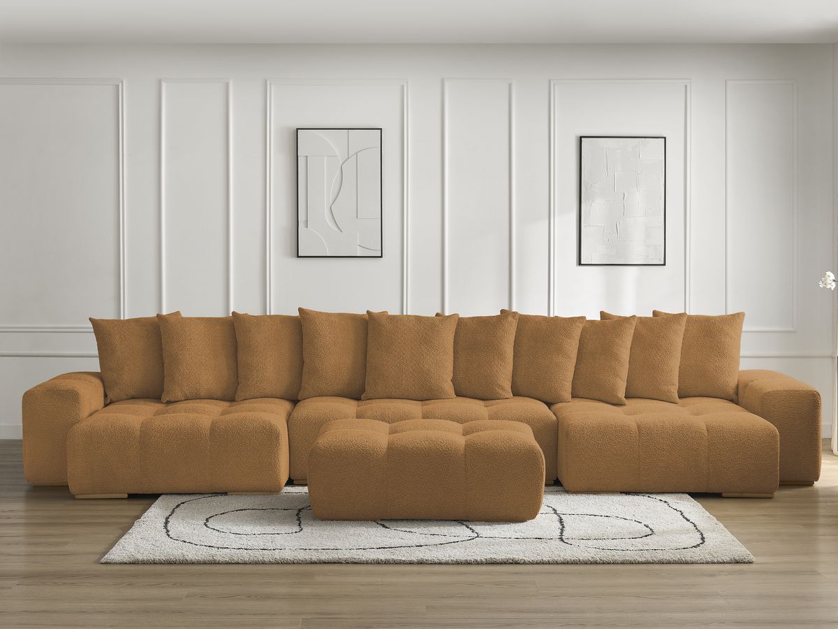 Bobochic Anakin Wohnlandschaft mit Pouf, Liegefläche 137 × 382 cm, 10 Kissen Bouclé-Stoff Gelb