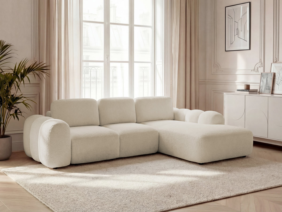 Bobochic Montaigne Ecksofa mit Schlaffunktion und Bettkasten 288 × 196 cm Bouclé-Stoff Beige Ecke rechts