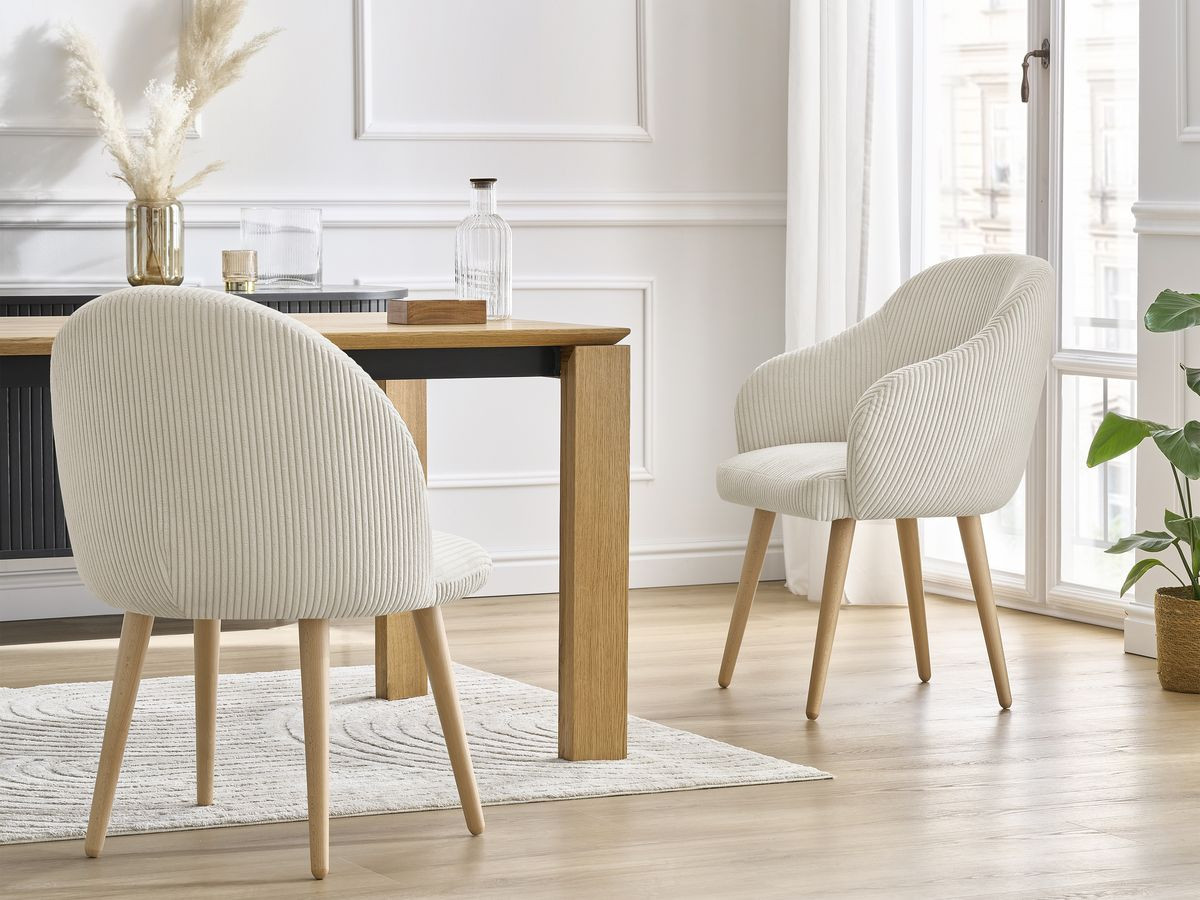 Bobochic Sophie Esszimmerstuhl 2er-Set mit skandinavischen Holzbeinen Cordsamt Beige