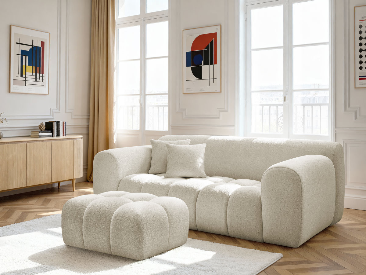 Bobochic Melisse Sofa 2-Sitzer mit Pouf Melange-Stoff Weiß