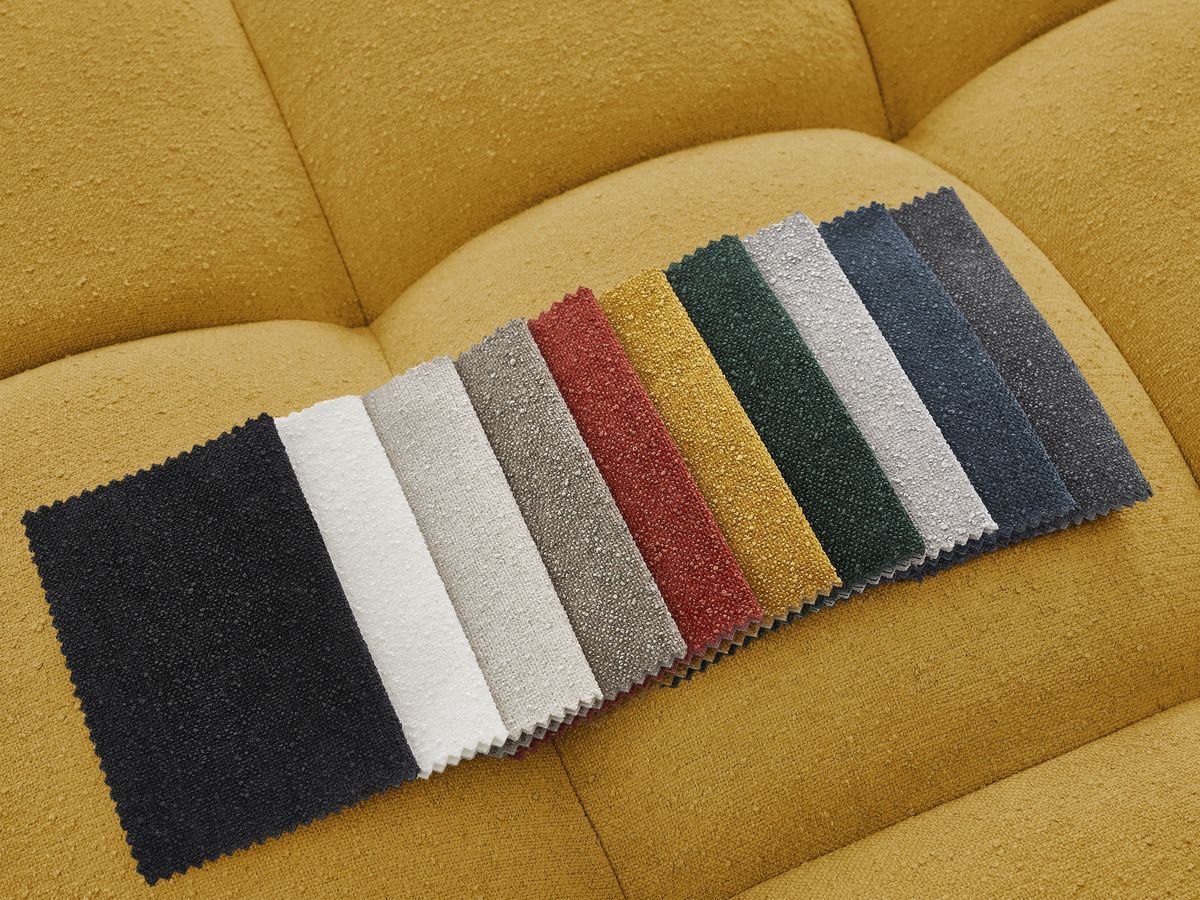 Bobochic Everest Ecksofa mit Schlaffunktion und Bettkasten und Pouf 320 × 212 cm, 5 Kissen Strukturstoff Gelb Ecke links