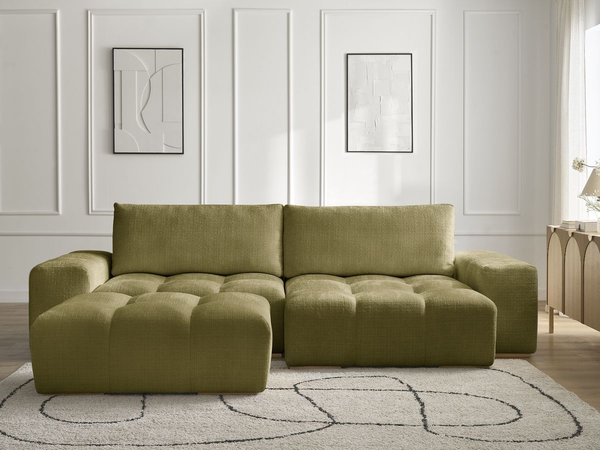 Bobochic Anakin Ecksofa mit Schlaffunktion und Bettkasten und Pouf, 2 Kissen Strukturstoff Grün