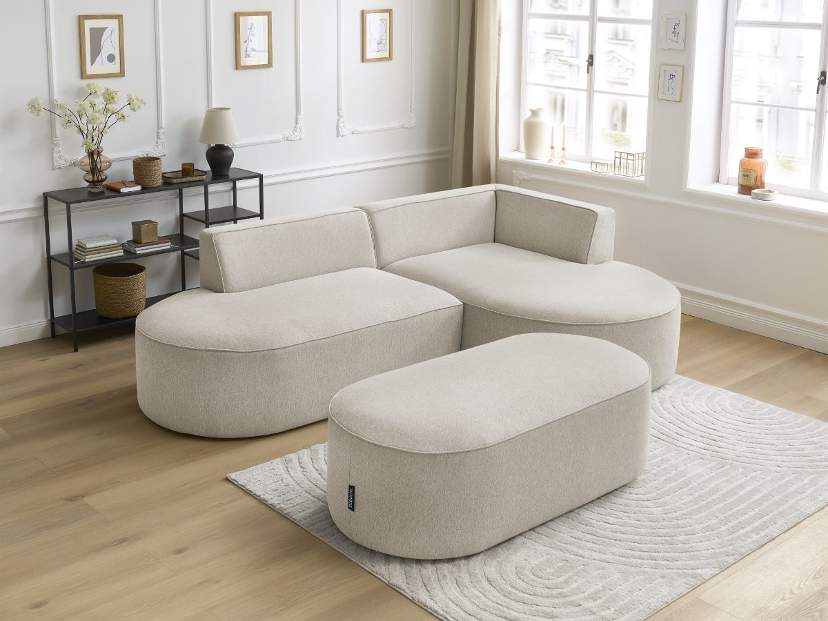 Bobochic Rousseau Ecksofa mit Pouf Melange-Stoff Beige Ecke rechts