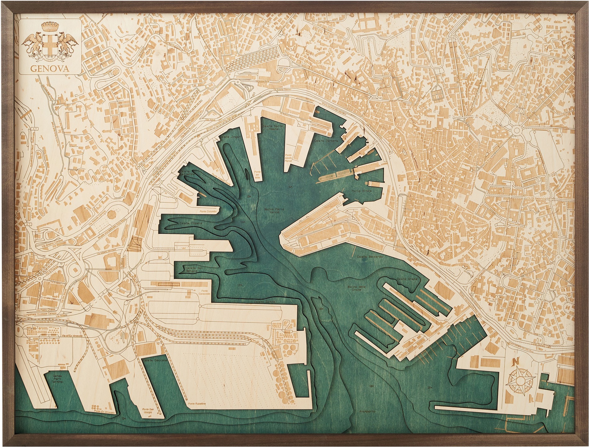 Cutting Brothers 3D Holz-Wandkarte Genua 81x61 cm