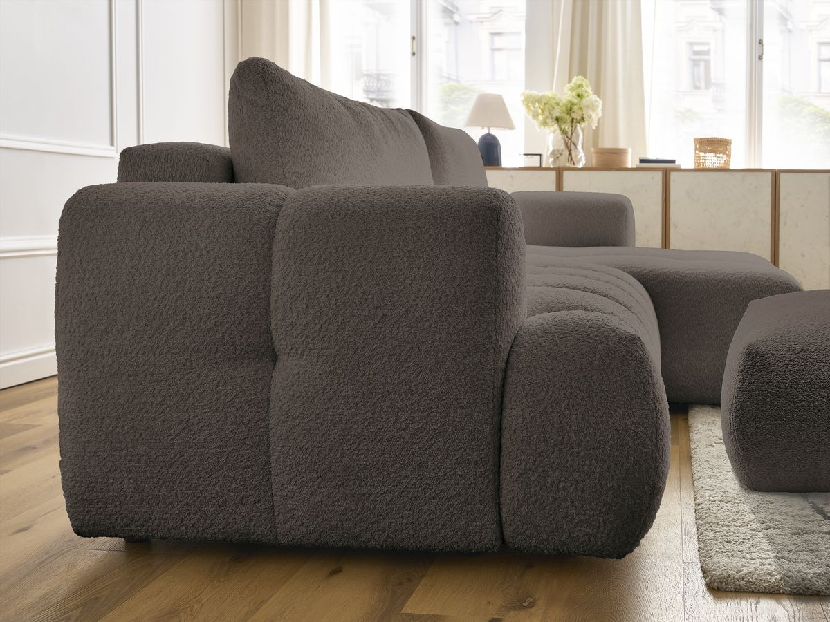 Bobochic Fuji Ecksofa mit Schlaffunktion und Bettkasten und Pouf 292 × 160 cm Bouclé-Stoff Braun Ecke rechts