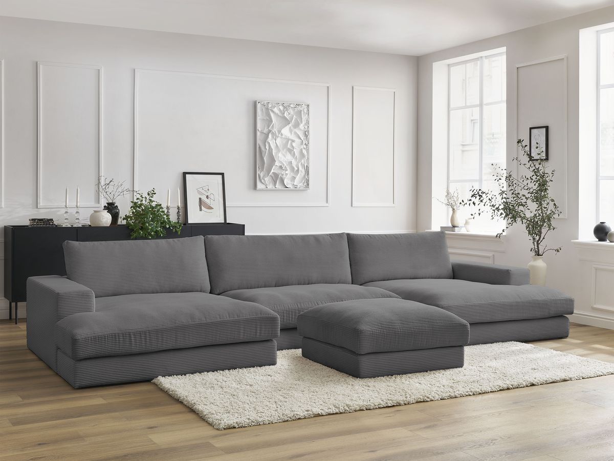 Bobochic Leonard Wohnlandschaft mit Pouf 404 × 159 cm Cordsamt Dunkelgrau