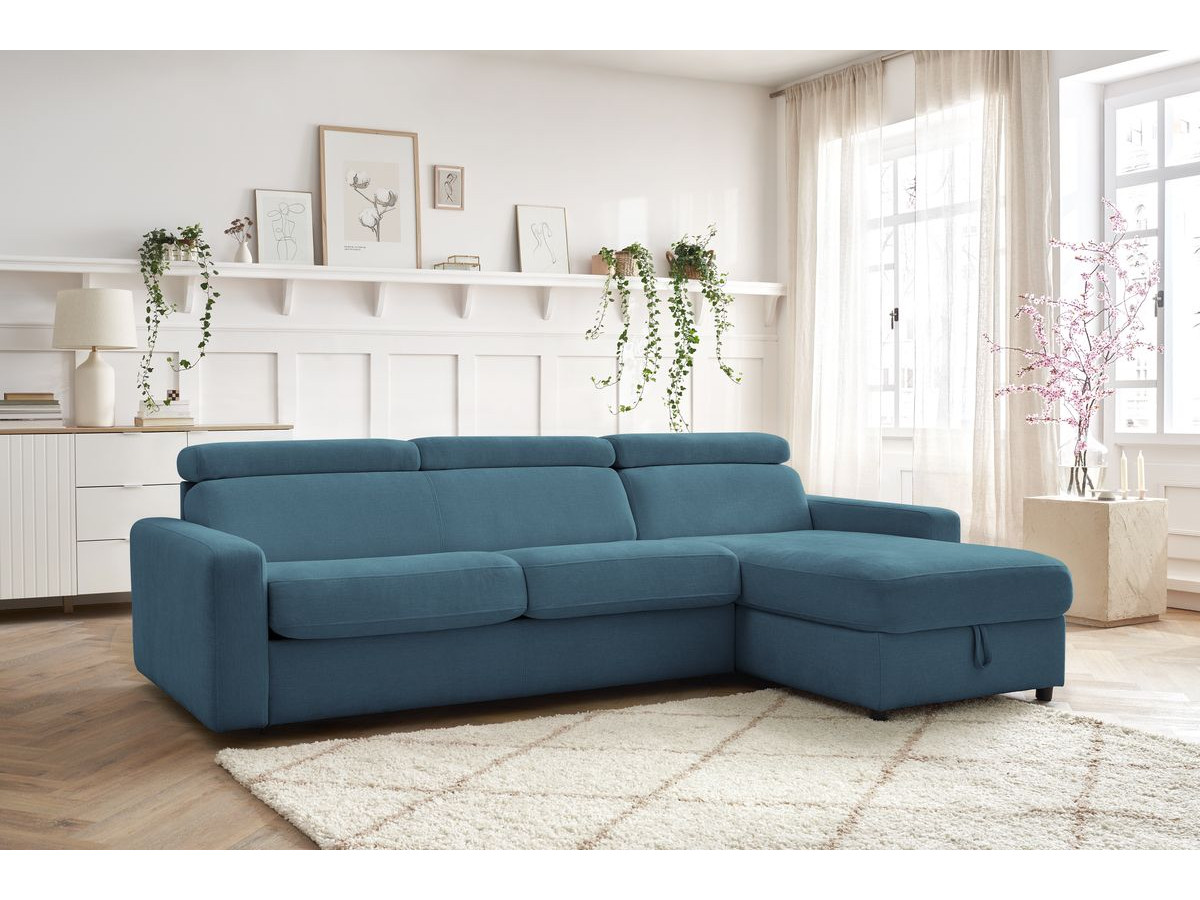 Bobochic Monaco Ecksofa mit Schlaffunktion und Bettkasten Stoff Hellblau, Liegefläche 160 × 190 cm