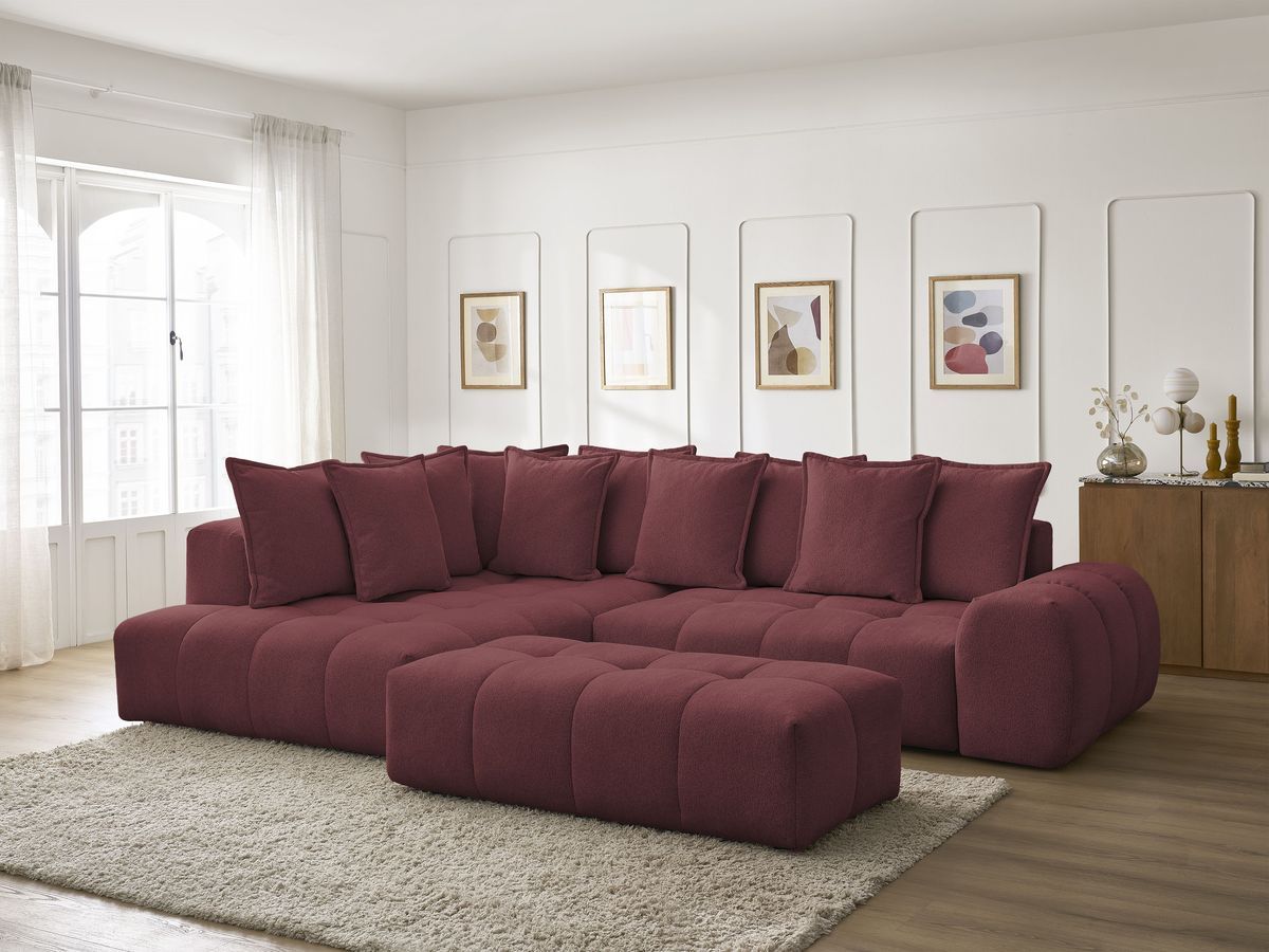 Bobochic Everest Ecksofa mit Schlaffunktion und Bettkasten und Pouf 320 × 212 cm, 10 Kissen Melange-Stoff Rot Ecke links
