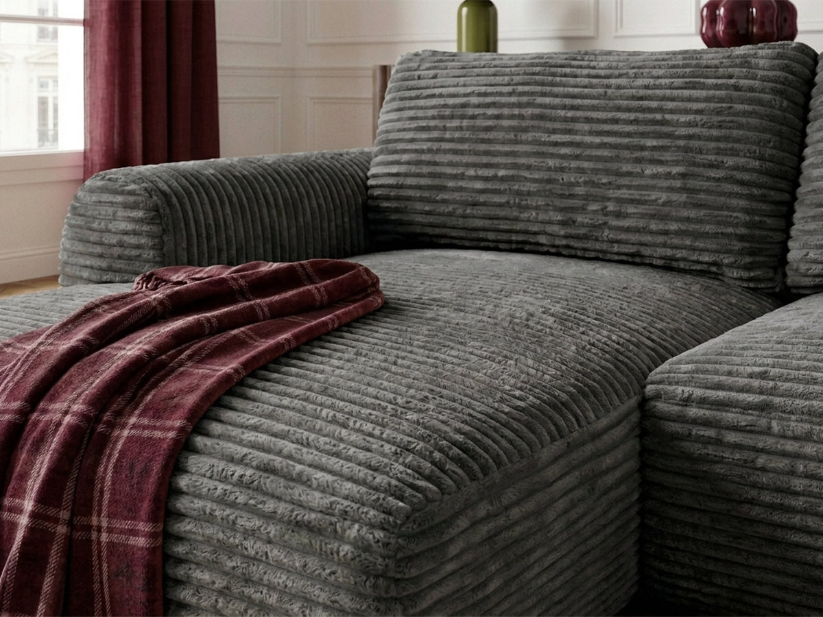 Bobochic Lucien Ecksofa mit Schlaffunktion und Bettkasten Breitcord weich Dunkelgrau Ecke links