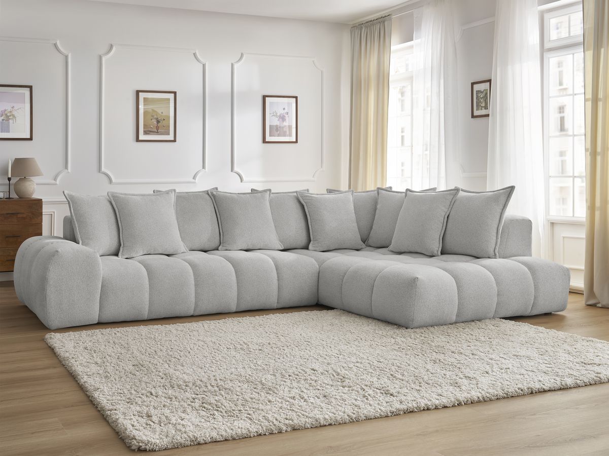 Bobochic Everest Ecksofa, 10 Kissen Melange-Stoff Hellgrau Ecke rechts