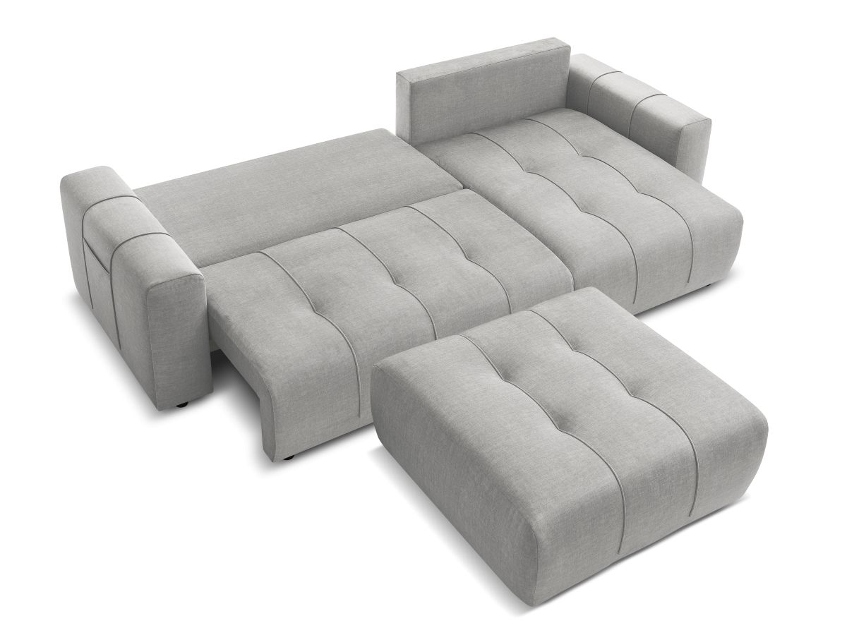 Bobochic Arsene Ecksofa mit Schlaffunktion und Bettkasten und Pouf 288 × 148 cm Samt Hellgrau