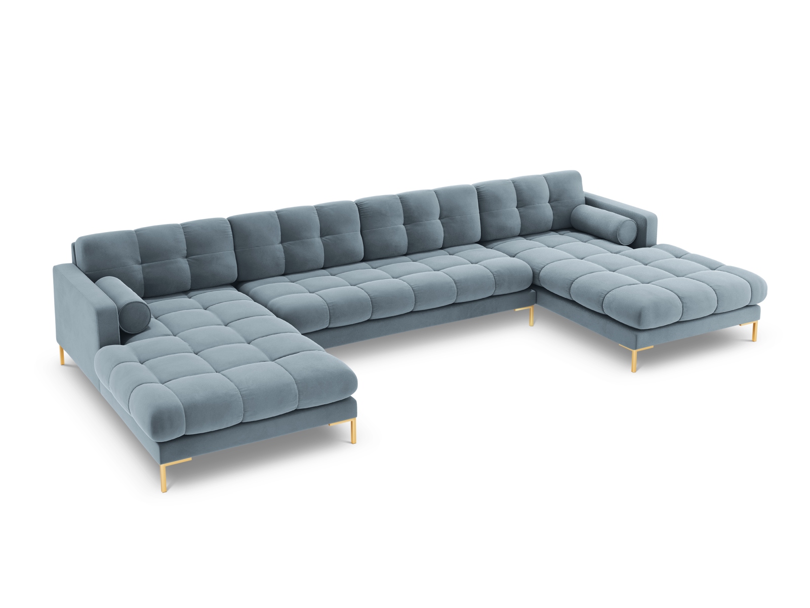 Cosmopolitan Design Panoramasofa Bali 7-Sitzer 383 cm Samt Bluvel Hellblau Beine Gold
