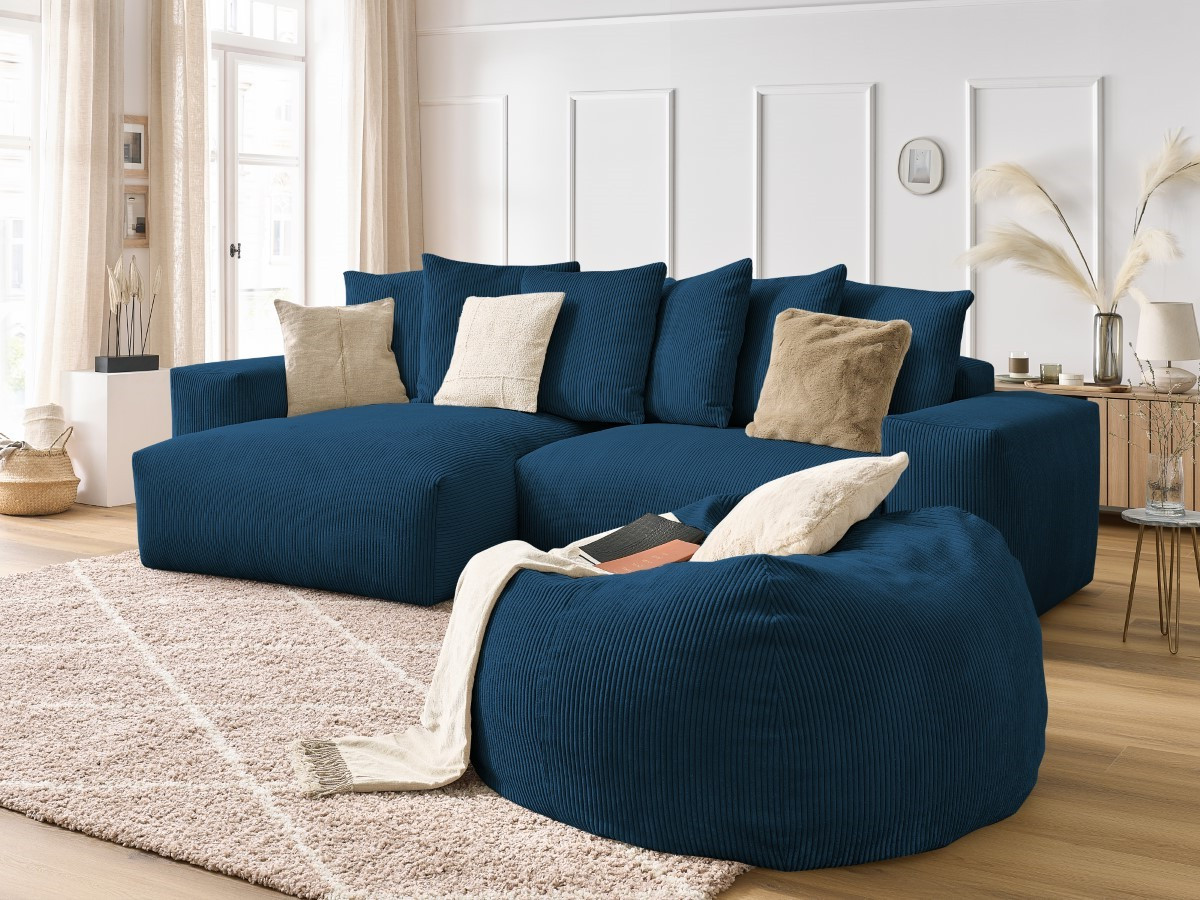 Bobochic Voltaire Ecksofa mit Pouf 310 × 174 cm Cordsamt Dunkelblau