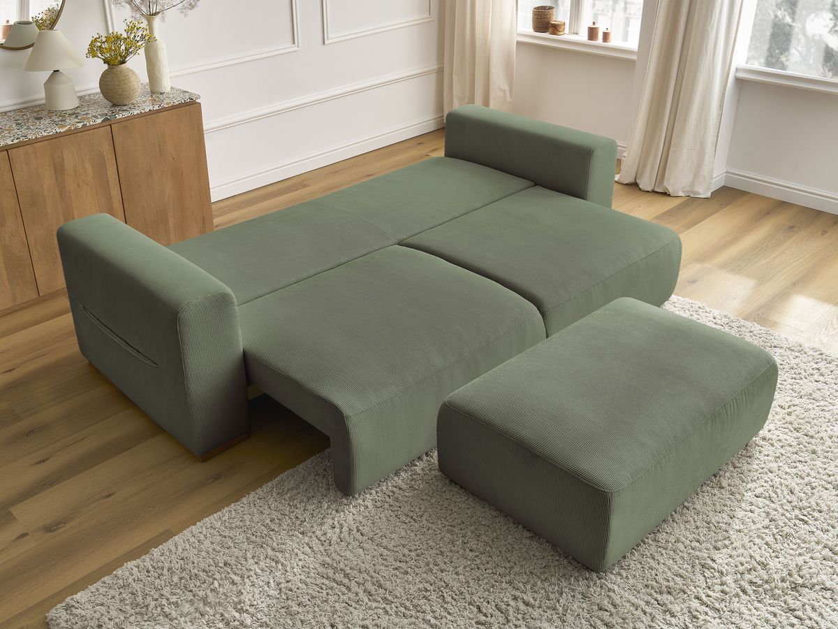 Bobochic Sidonie Schlafsofa 4-Sitzer mit Bettkasten und Pouf Cordsamt Grün