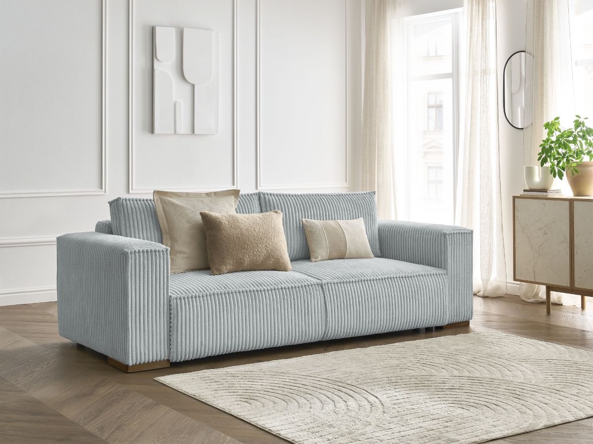 Bobochic Chelsea Schlafsofa 3-Sitzer mit Bettkasten Breitcord weich Hellgrau