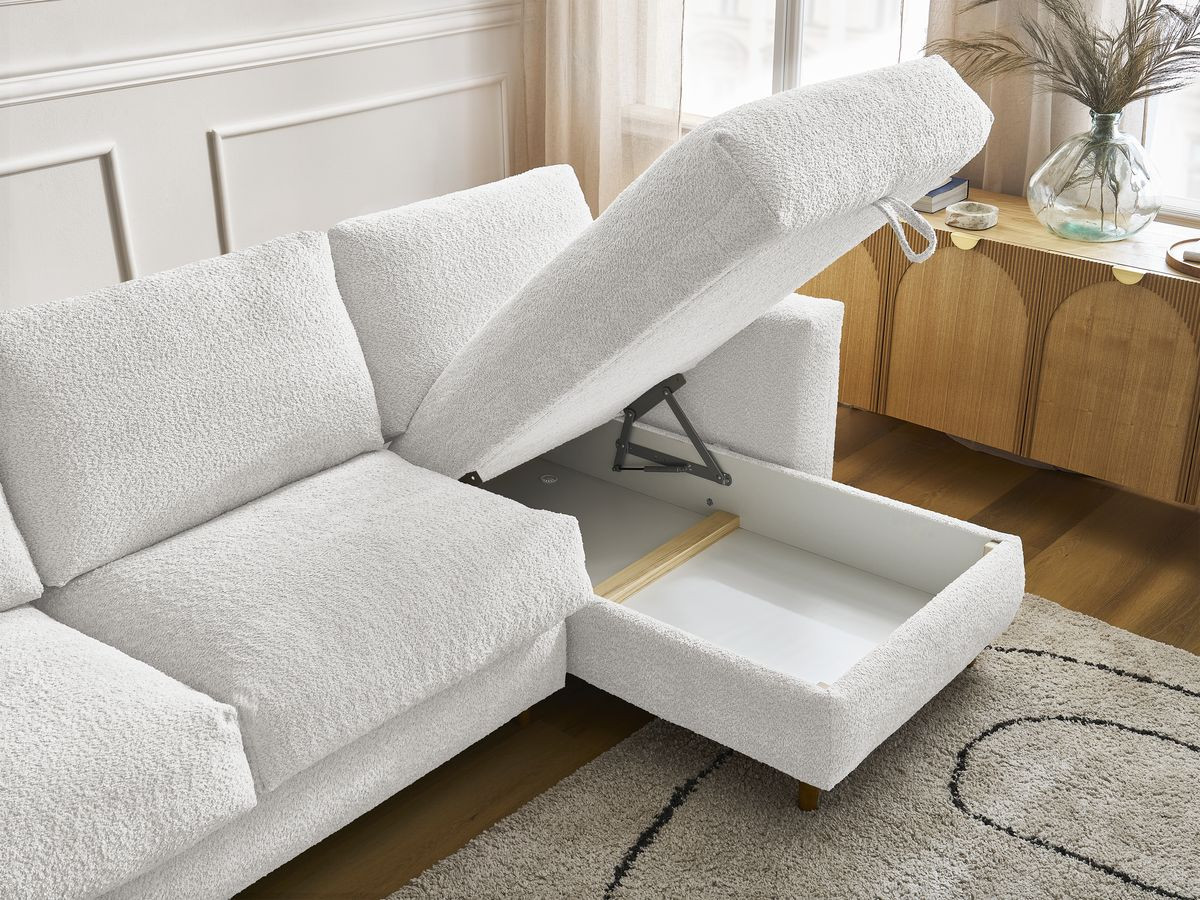 Bobochic Cocoone Ecksofa mit Schlaffunktion und Bettkasten Bouclé-Stoff Weiß, Liegefläche 140 × 200 cm