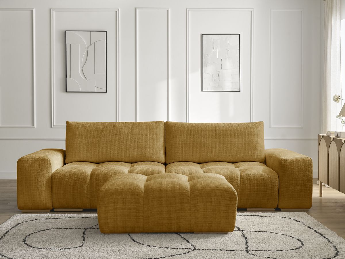 Bobochic Anakin Schlafsofa 3-Sitzer mit Bettkasten und Pouf, 2 Kissen Strukturstoff Gelb