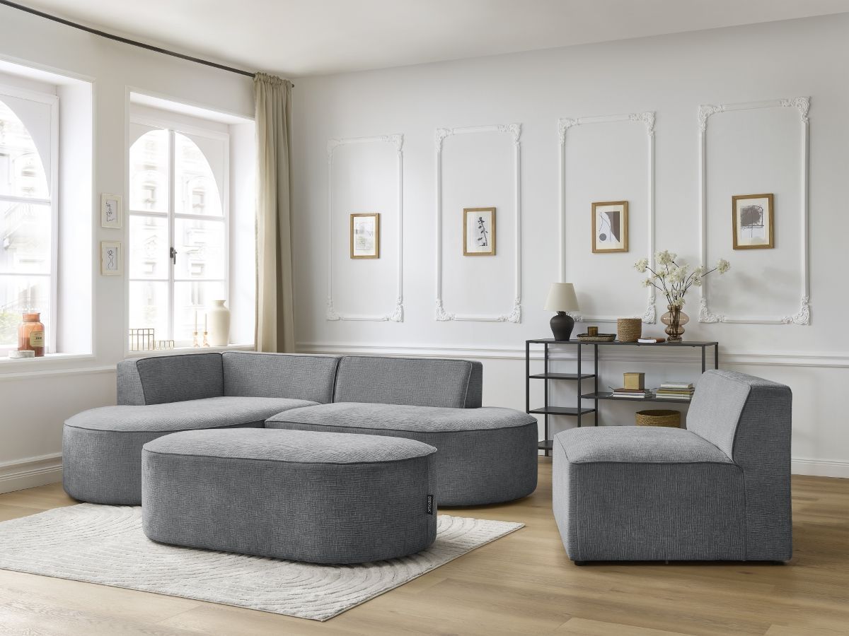 Bobochic Rousseau Ecksofa mit Sofamodul und Pouf Strukturstoff Dunkelgrau Ecke links