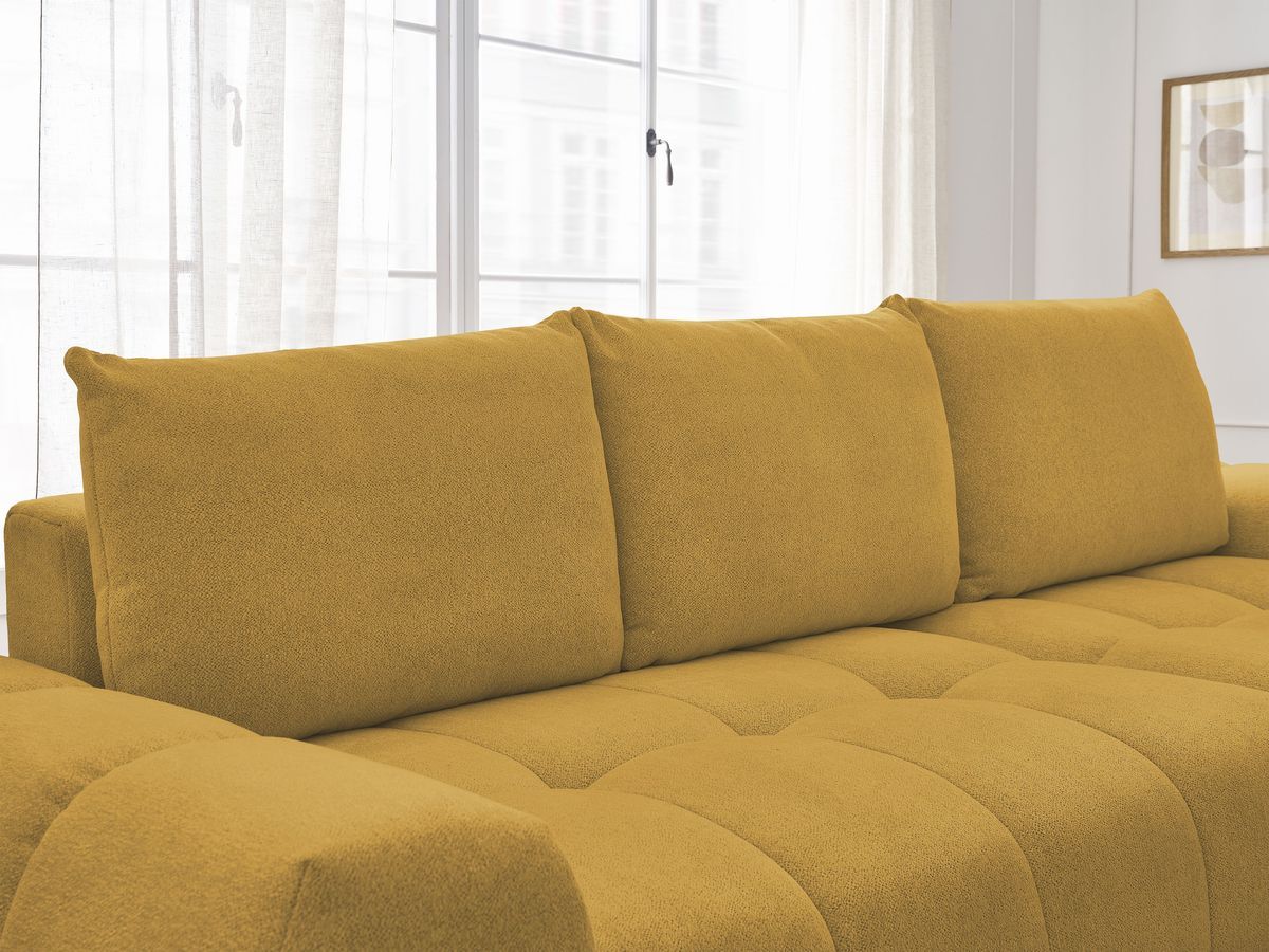 Bobochic Everest Ecksofa mit Schlaffunktion und Bettkasten 318 × 180 cm, 3 Kissen Melange-Stoff Gelb Ecke rechts