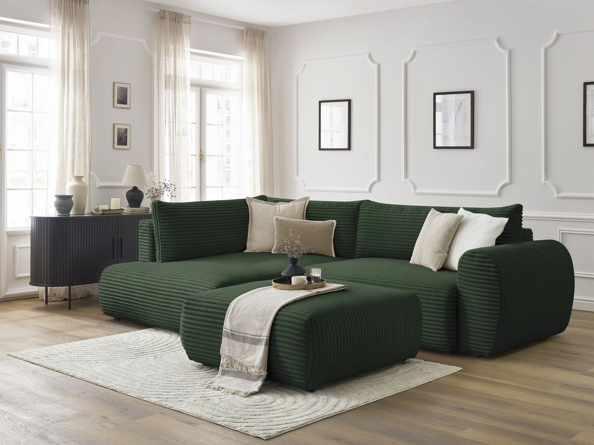 Bobochic Lucien Ecksofa mit Schlaffunktion und Bettkasten und Pouf 296 × 198 cm Breitcord weich Grün Ecke links
