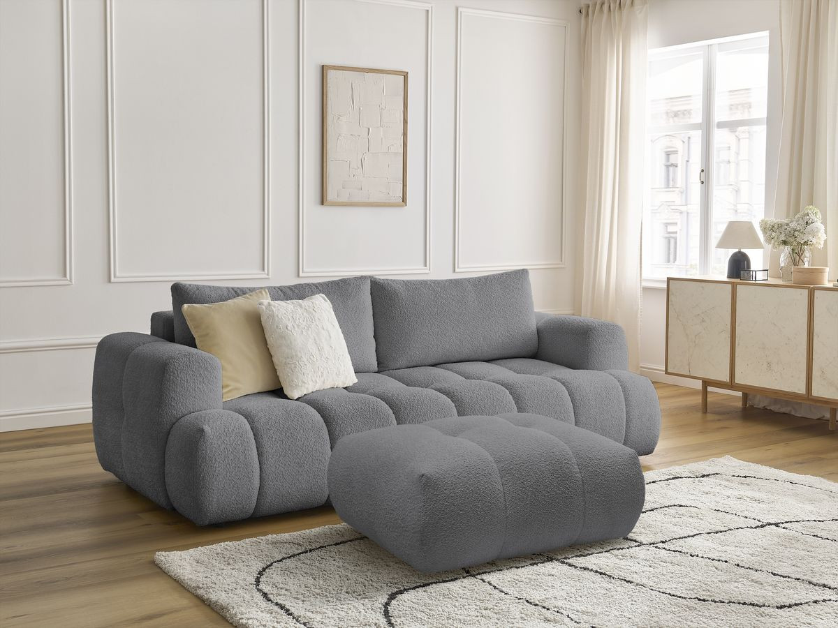 Bobochic Fuji Schlafsofa 3-Sitzer mit Bettkasten und Pouf Bouclé-Stoff Dunkelgrau