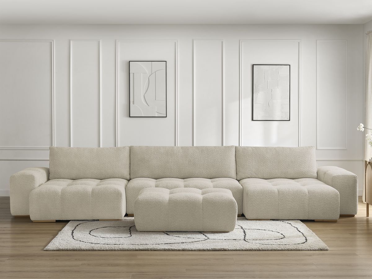 Bobochic Anakin Wohnlandschaft mit Pouf, Liegefläche 137 × 382 cm, 3 Kissen Bouclé-Stoff Beige