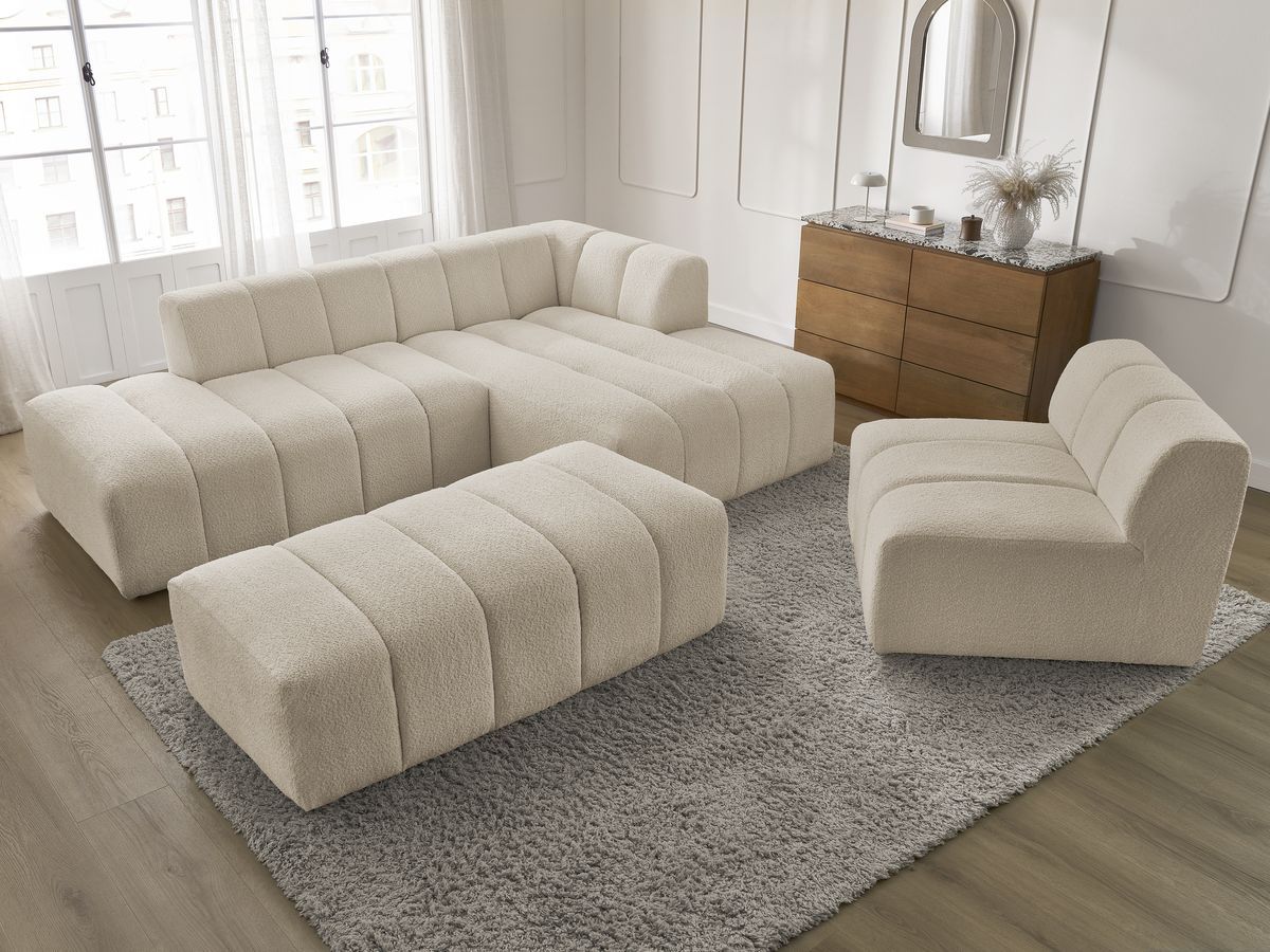 Bobochic Annecy Ecksofa mit Sofamodul und Pouf Bouclé-Stoff Beige Ecke rechts
