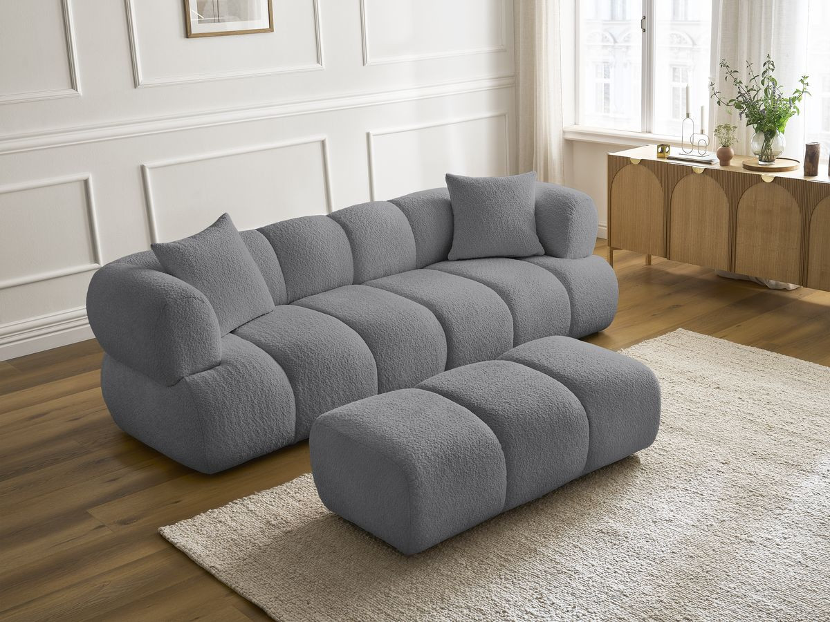 Bobochic Pamira Sofa 3-Sitzer mit Pouf Bouclé-Stoff Dunkelgrau