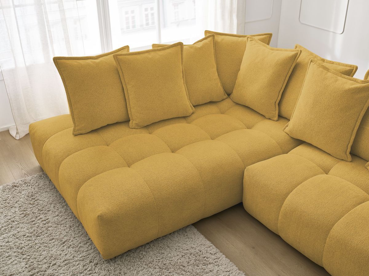 Bobochic Everest Ecksofa mit Schlaffunktion und Bettkasten 320 × 212 cm, 10 Kissen Melange-Stoff Gelb Ecke links