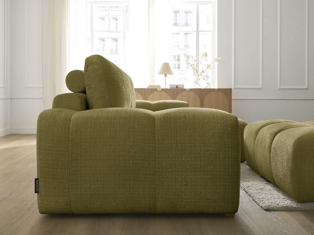 Bobochic Anakin Ecksofa mit Schlaffunktion und Bettkasten und Pouf, 2 Kissen Strukturstoff Grün