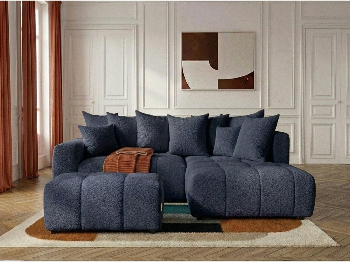Bobochic Roxelane Ecksofa mit Schlaffunktion und Bettkasten und Pouf Bouclé-Stoff Dunkelblau Ecke rechts