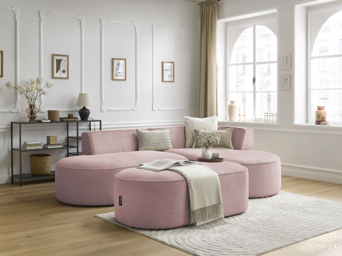 Bobochic Rousseau Ecksofa mit Pouf Cordsamt Violett Ecke rechts
