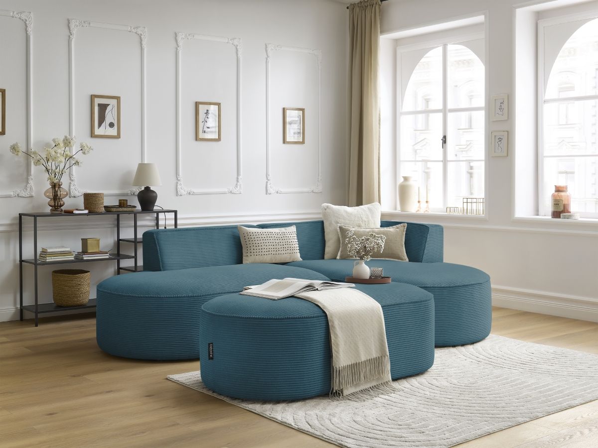 Bobochic Rousseau Ecksofa mit Pouf Cordsamt Dunkelblau Ecke rechts