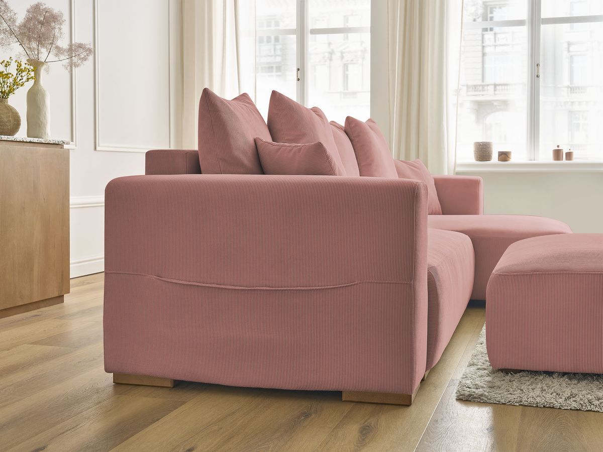 Bobochic Sidonie Ecksofa mit Schlaffunktion und Bettkasten und Pouf Cordsamt Rosa