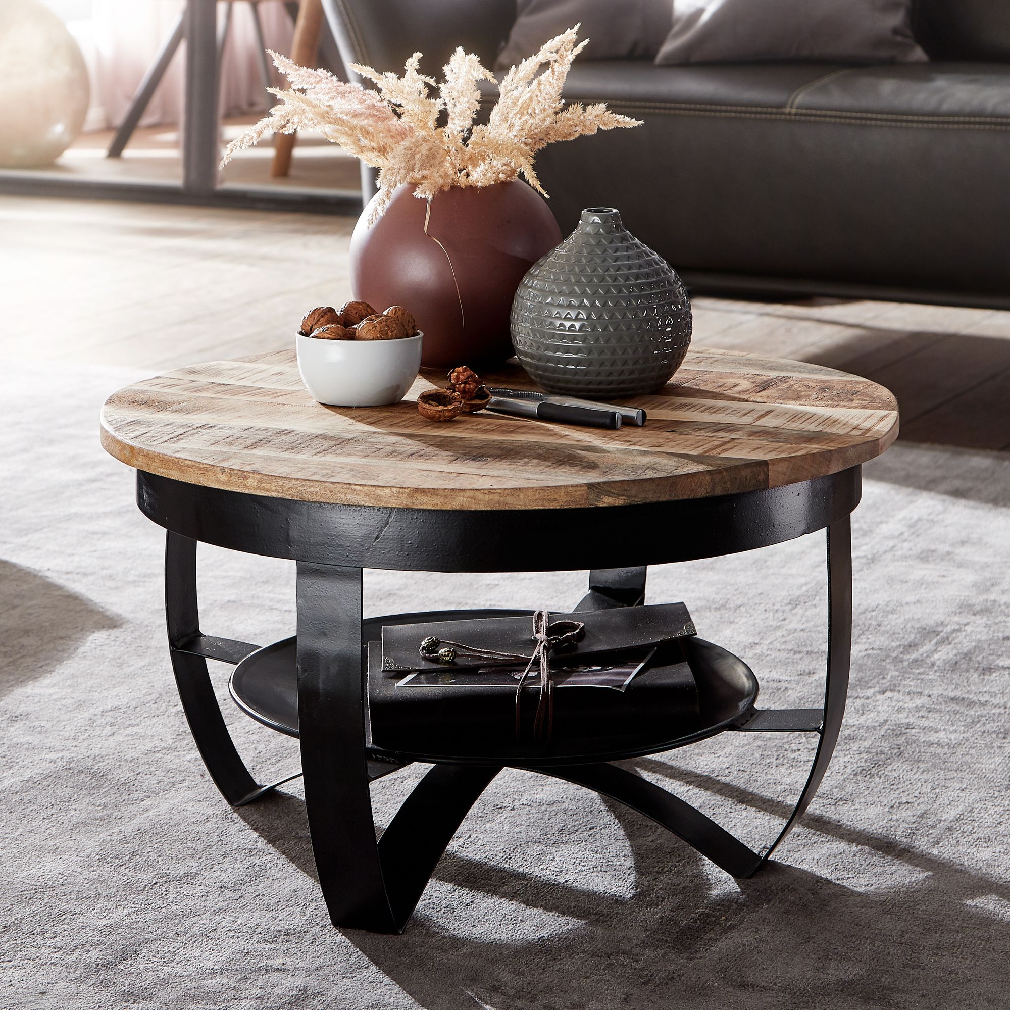 Couchtisch Sandur Mango Massivholz Schwarz Ø 60 cm
