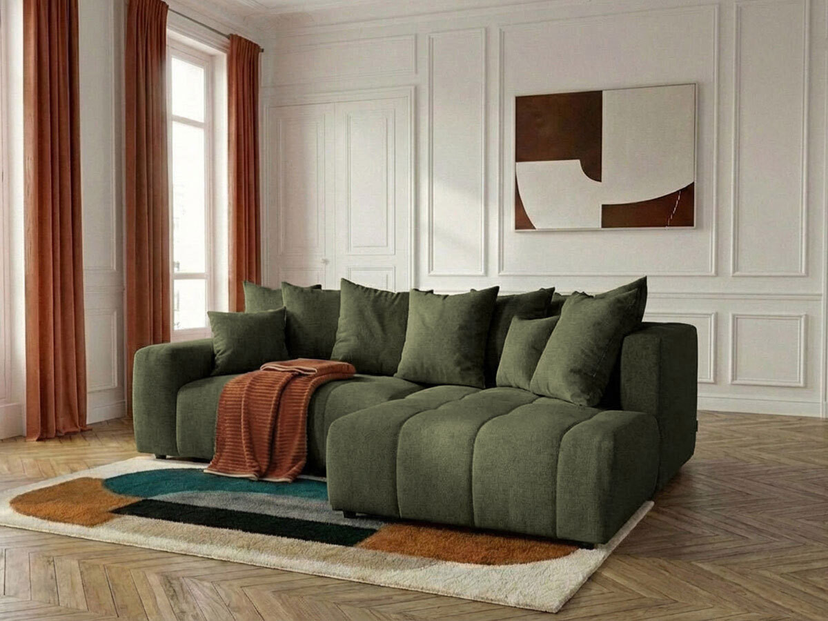 Bobochic Roxelane Ecksofa mit Schlaffunktion und Bettkasten Melange-Stoff Grün Ecke rechts