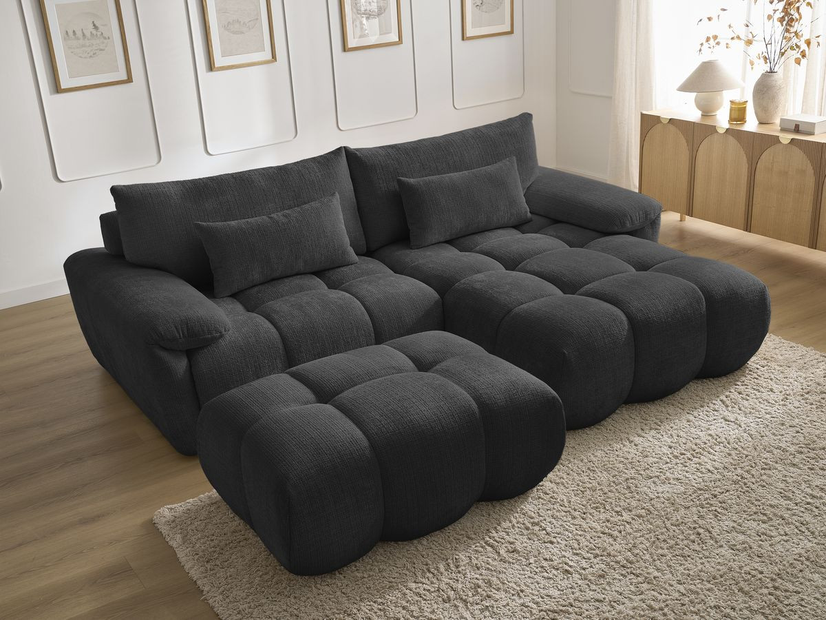 Bobochic Ivane Ecksofa mit Pouf Strukturstoff Schwarz Ecke rechts