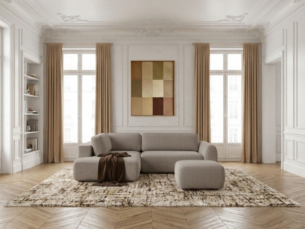 Bobochic Denise Ecksofa mit Schlaffunktion und Bettkasten und Pouf 256 × 197 cm Strukturstoff Taupe Ecke links