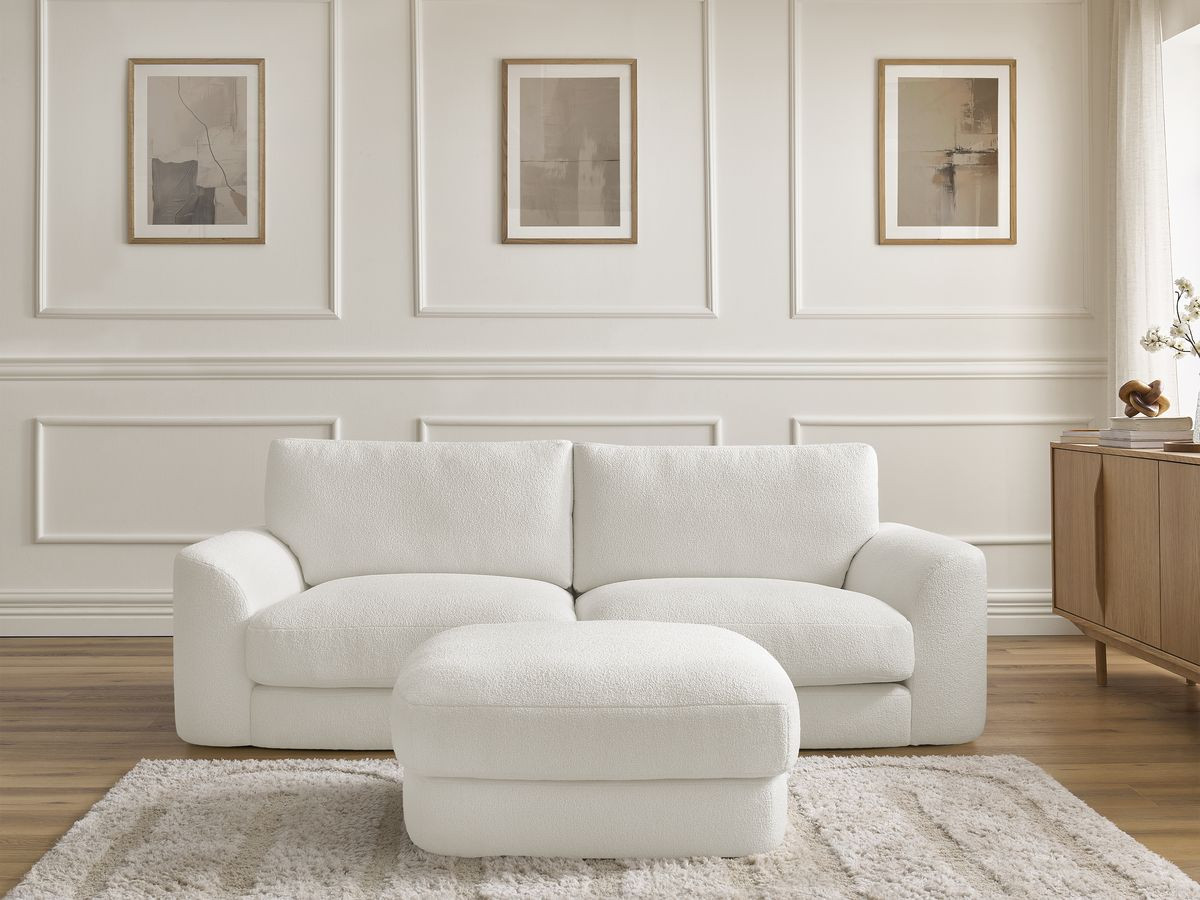 Bobochic Leonore Sofa 3-Sitzer mit Pouf Bouclé-Stoff Weiß