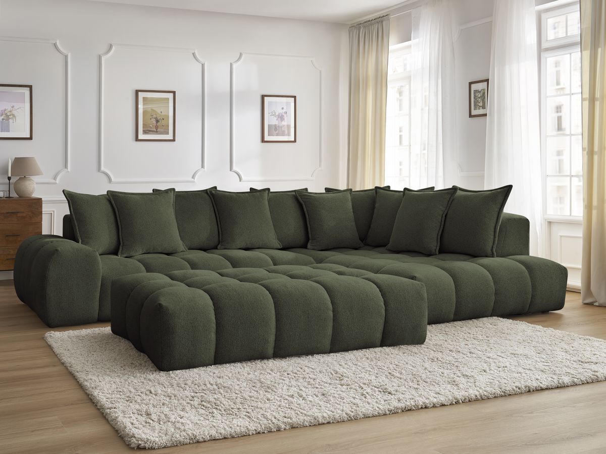 Bobochic Everest Ecksofa mit Schlaffunktion und Pouf, 10 Kissen Melange-Stoff Grün Ecke rechts