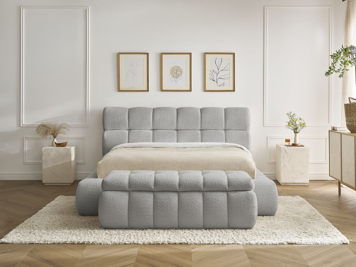 Bobochic Mont-blanc Polsterbett mit Bettkasten mit Bettbank Bouclé-Stoff Hellgrau, Liegefläche 180 × 200 cm